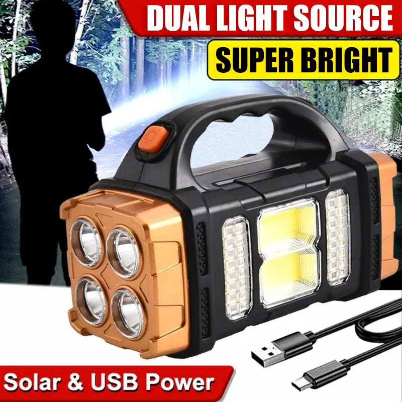 Portable Powerful USB Rechargeable Flashlight with Solar LED Light & COB Work Light for Outdoor Adventures