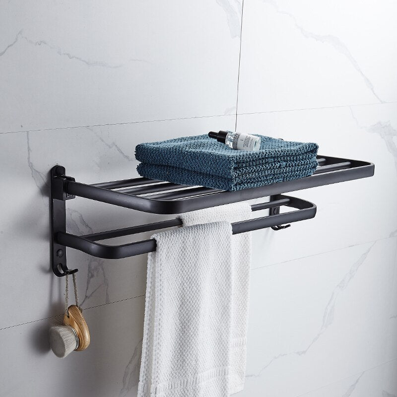 Space-Saving Folding Holder With Hook, Aluminum Towel Rack Wall Mount for Bathroom & Kitchen