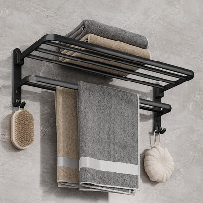 Space-Saving Folding Holder With Hook, Aluminum Towel Rack Wall Mount for Bathroom & Kitchen