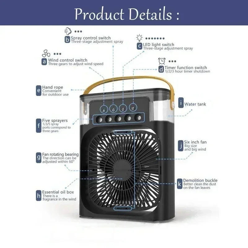 LED Mini Air Cooler Fan, Portable Humidifier and Air Conditioner for Household, Office, and Camping