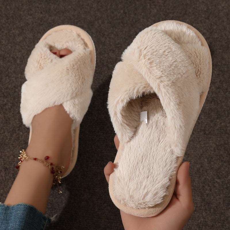 Womens Cross Strap Fur Slippers Indoor Light Warm Plush Home Slippers with Faux Fur Flat Heel