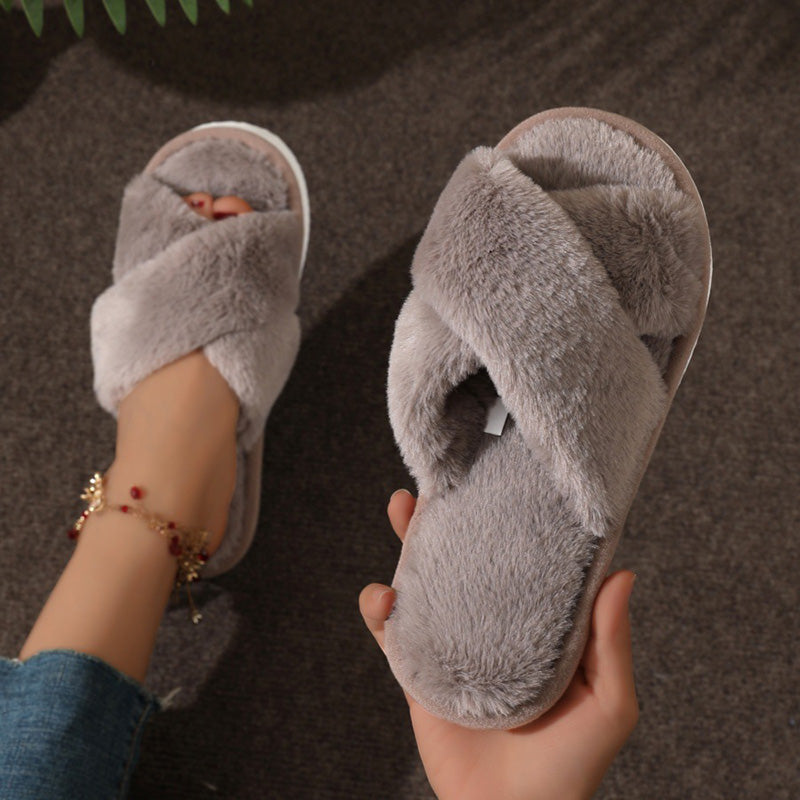 Womens Cross Strap Fur Slippers Indoor Light Warm Plush Home Slippers with Faux Fur Flat Heel