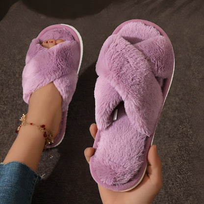 Womens Cross Strap Fur Slippers Indoor Light Warm Plush Home Slippers with Faux Fur Flat Heel