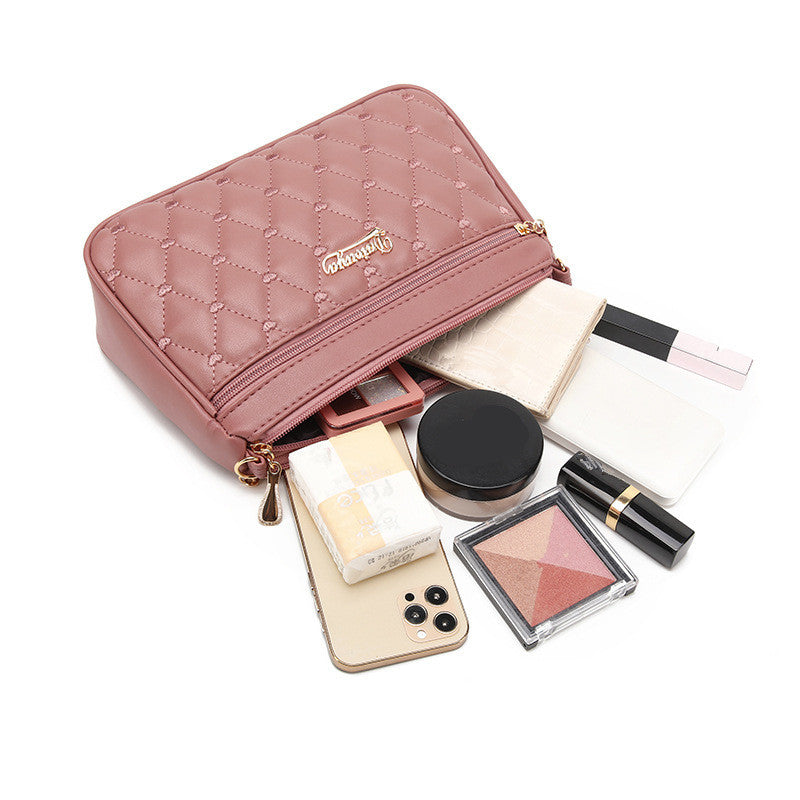 PU Leather Crossbody Bag Quilted Heart Embroidery Large Capacity Zipper Shoulder Purse For Women 2
