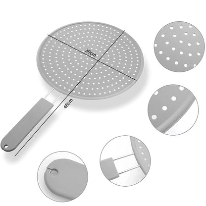 Silicone Kitchen Splatter Screen – Heat-Resistant Oil Splash Guard with Stainless Steel Handle for Frying Pans