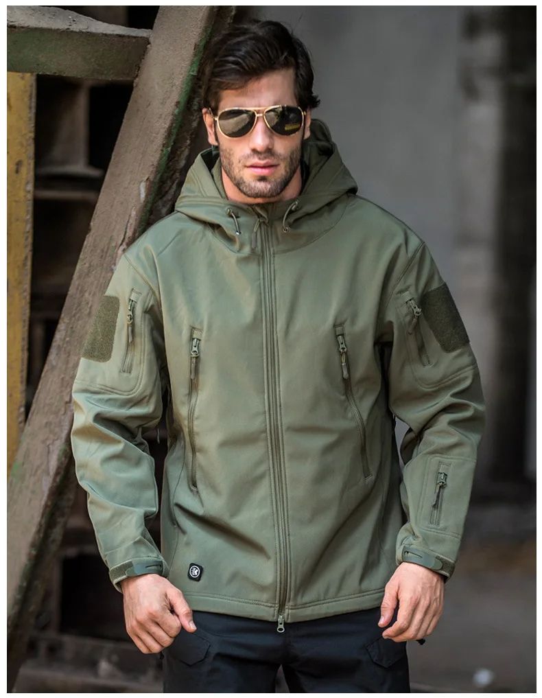 Mens Tactical Soft Shell Jacket Windproof & Waterproof Army Combat Jacket with Hood