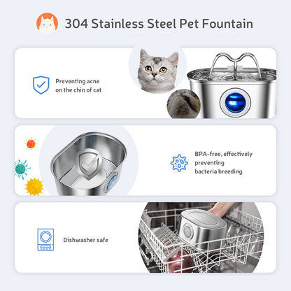 Cat Water Stainless Steel Fountain With LED Light  Silent Pump Automatic Pet Drinking Dispenser For 2