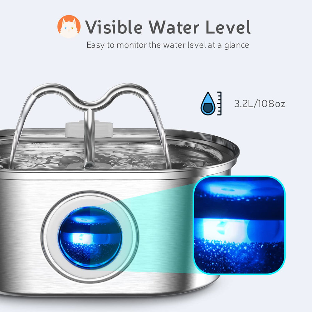 Cat Water Stainless Steel Fountain With LED Light  Silent Pump Automatic Pet Drinking Dispenser For 3