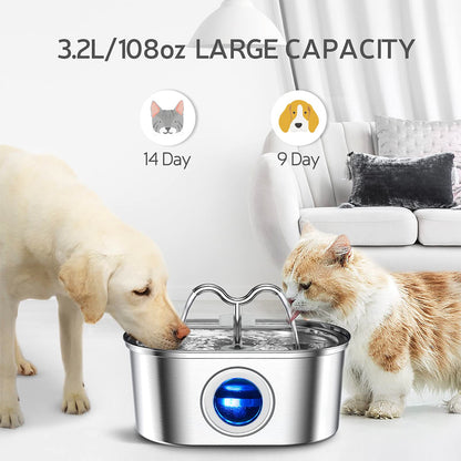 Cat Water Stainless Steel Fountain With LED Light  Silent Pump Automatic Pet Drinking Dispenser For 4