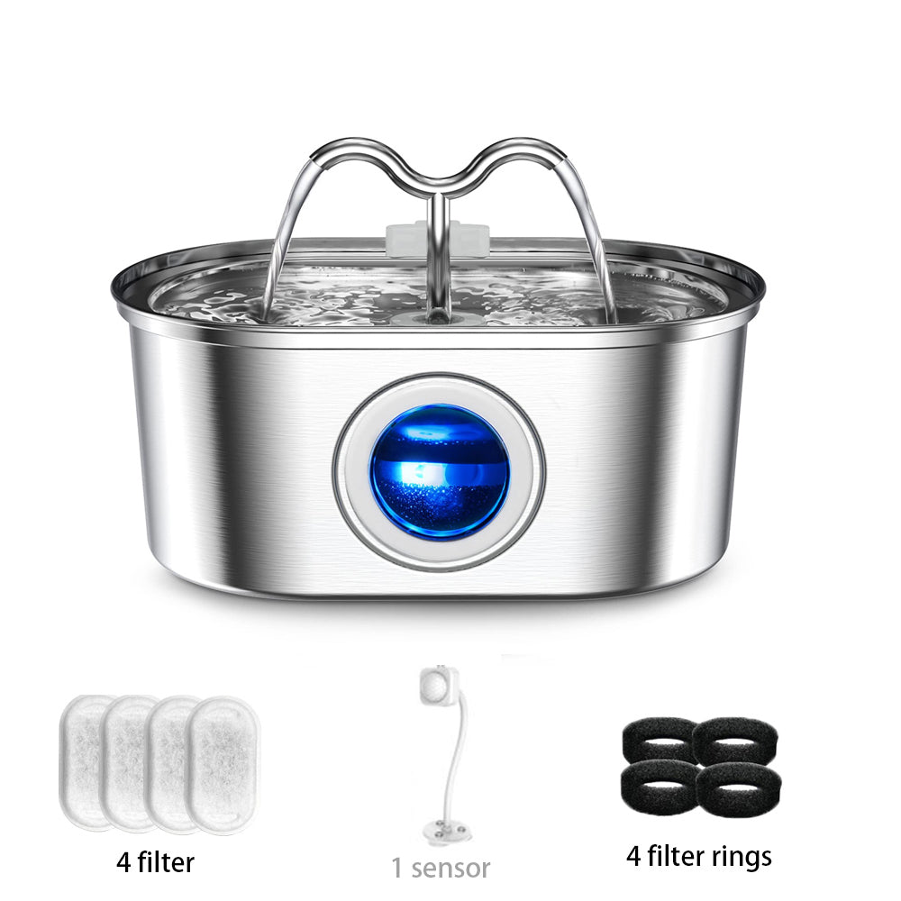 Cat Water Stainless Steel Fountain With LED Light  Silent Pump Automatic Pet Drinking Dispenser For 6