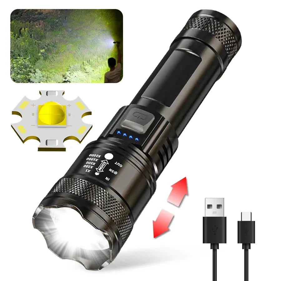 Ultra Bright 2000LM LED Flashlight Zoomable USB Charging Waterproof Tactical Light for Outdoor Ca