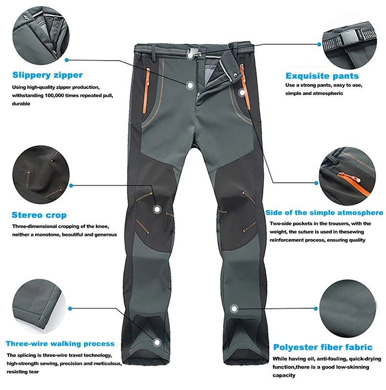Winter Waterproof Hiking Pants for Men Windproof Outdoor Soft Shell Trekking Pants Warm Camping  Sk
