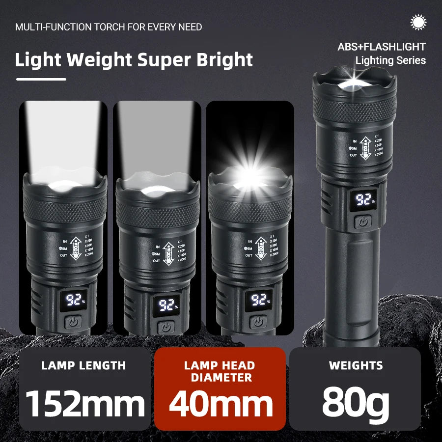 Strong Zoomable LED Flashlight 2000LM Waterproof Tactical Lantern for Outdoor Survival Hiking  E