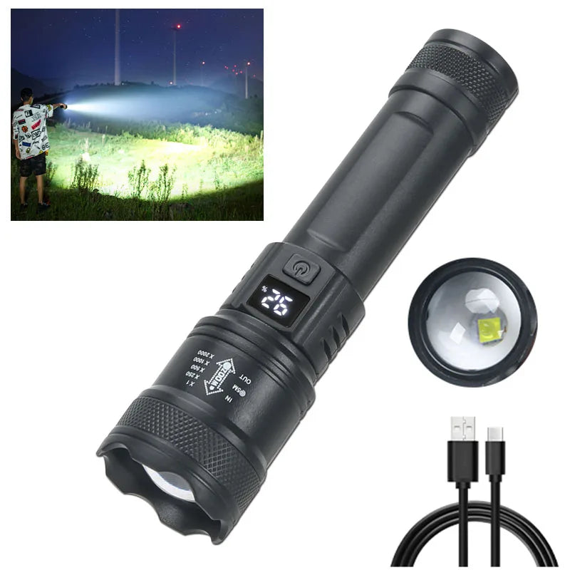 Strong Zoomable LED Flashlight 2000LM Waterproof Tactical Lantern for Outdoor Survival Hiking  E