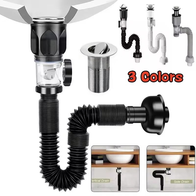 Drain Pipe Set Flexible Flip-Top Sink Drain with Deodorizing Filter, Universal Anti-Clogging Downspout for Kitchen Sinks