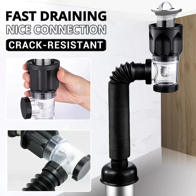 Drain Pipe Set Flexible Flip-Top Sink Drain with Deodorizing Filter, Universal Anti-Clogging Downspout for Kitchen Sinks