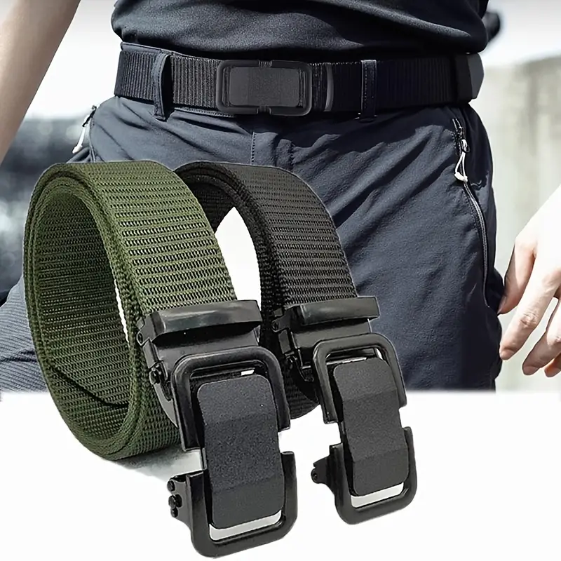 Automatic Mens Belt With Metal Click Buckle Canvas Webbing Nylon Belt For Outdoor Work 2