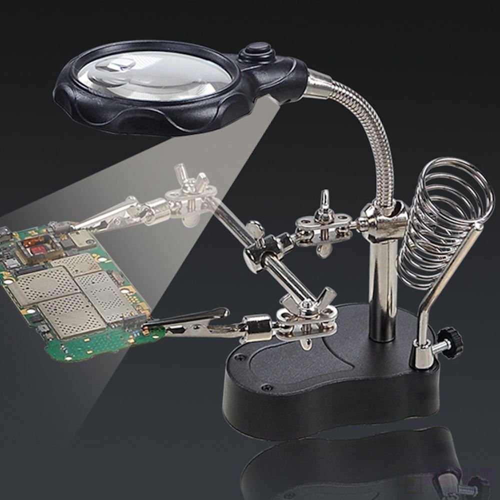 Stainless Steel Magnifier with LED Light, 360° Adjustable Auxiliary Tool for Iron Circuit Board Welding & Precision Work