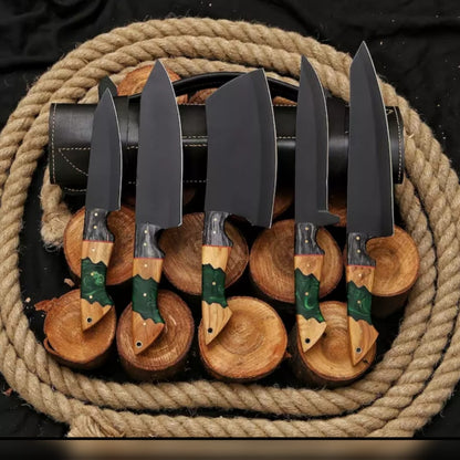 Custom Handmade Carbon Steel Kitchen/Chef Knife Set / With Leather Bag