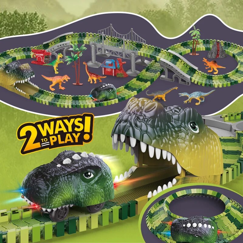 Dinosaur Track Electric Dinosaur Car, Light-Up Mountain Road Rail Toy for Kids