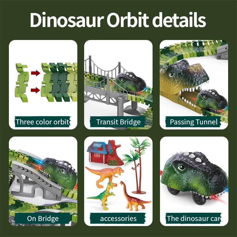 Dinosaur Track Electric Dinosaur Car, Light-Up Mountain Road Rail Toy for Kids