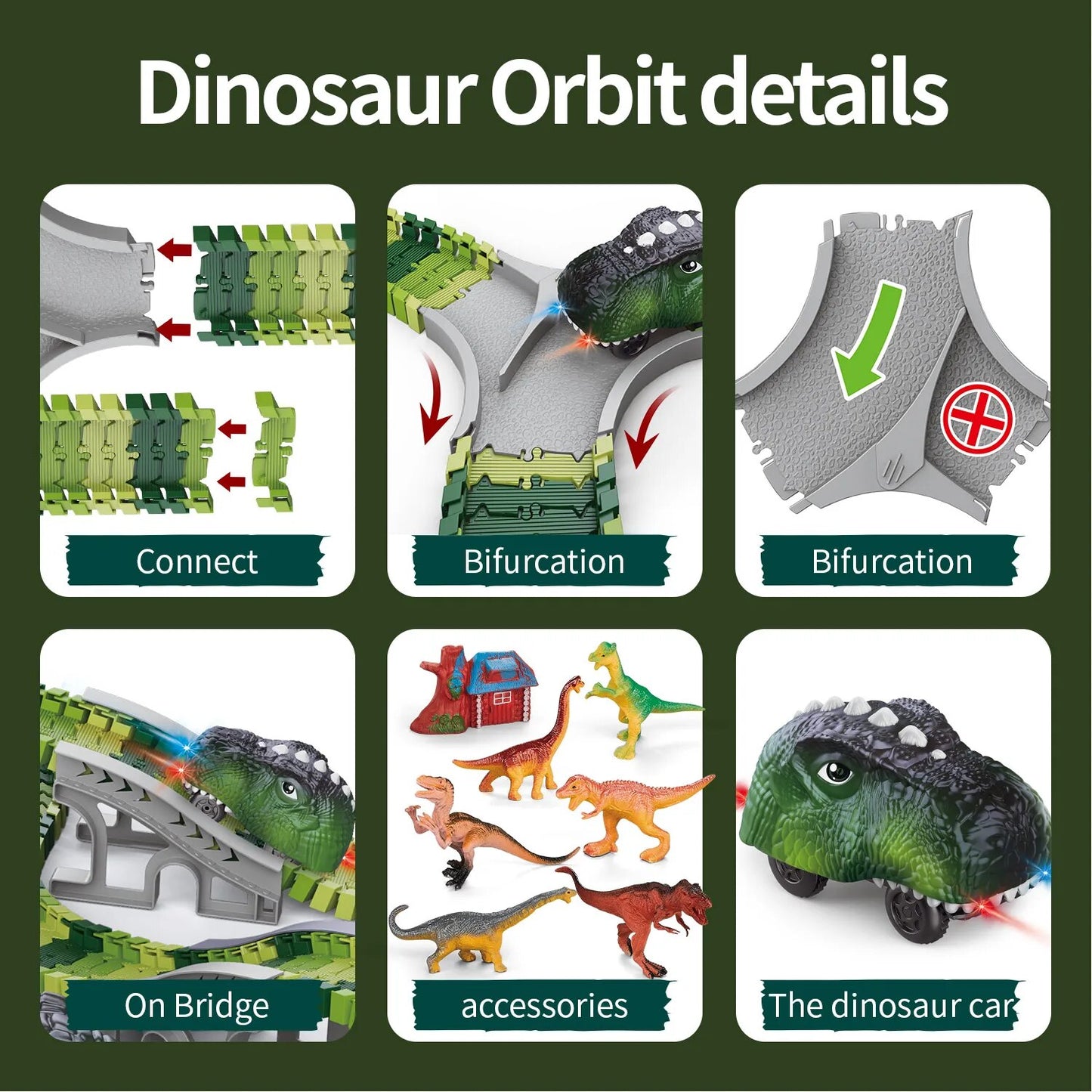 Dinosaur Track Electric Dinosaur Car, Light-Up Mountain Road Rail Toy for Kids