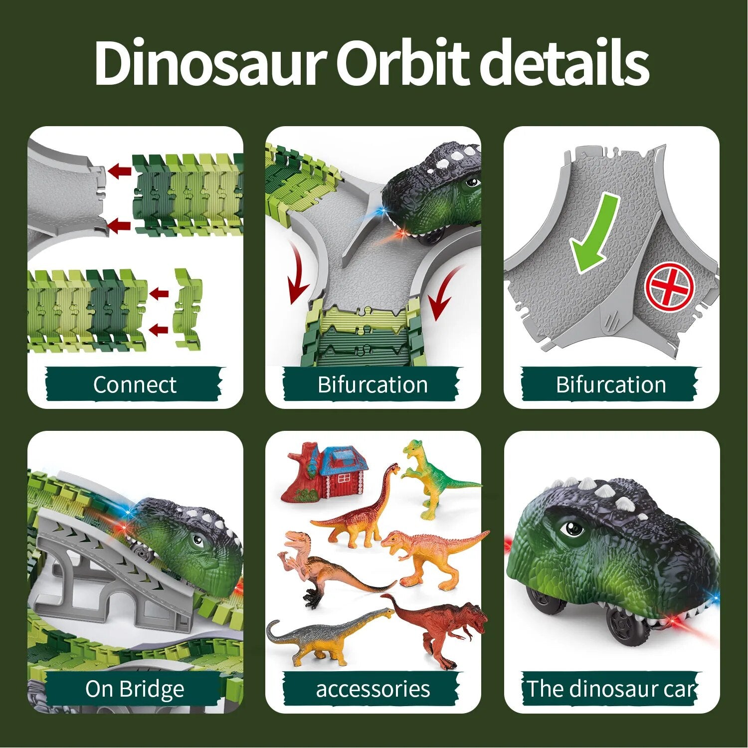 Dinosaur Track Electric Dinosaur Car, Light-Up Mountain Road Rail Toy for Kids