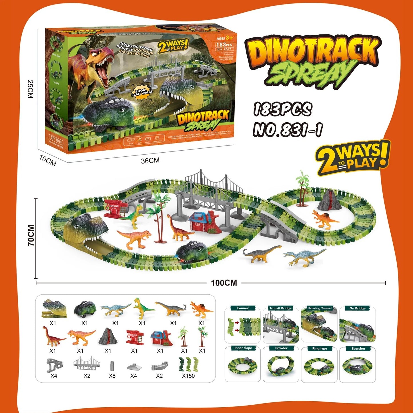 Dinosaur Track Electric Dinosaur Car, Light-Up Mountain Road Rail Toy for Kids