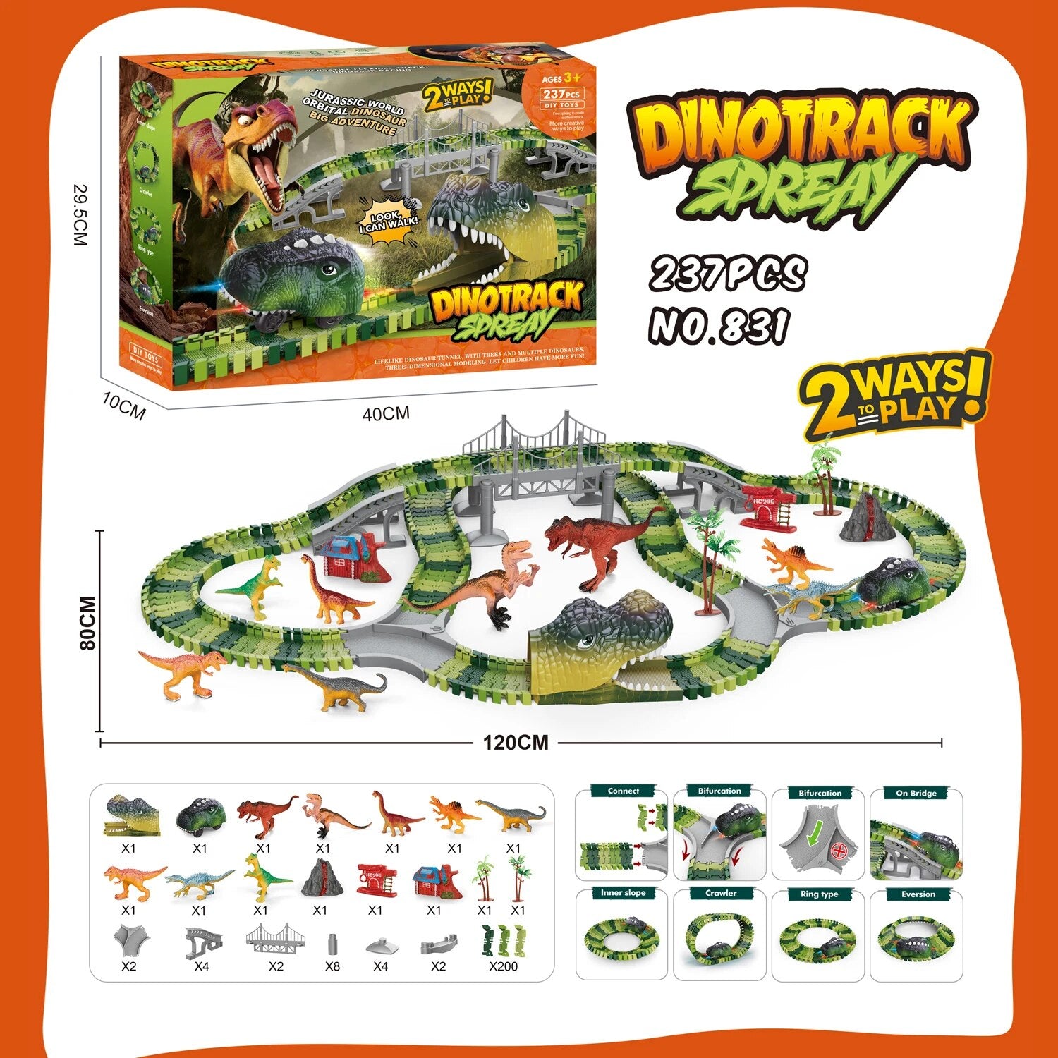 Dinosaur Track Electric Dinosaur Car, Light-Up Mountain Road Rail Toy for Kids