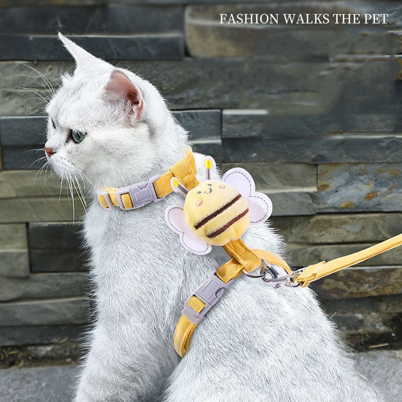 Adorable Cartoon Bee Cat Harness & Leash Set Adjustable Pet Collar for Safe Outdoor Walking