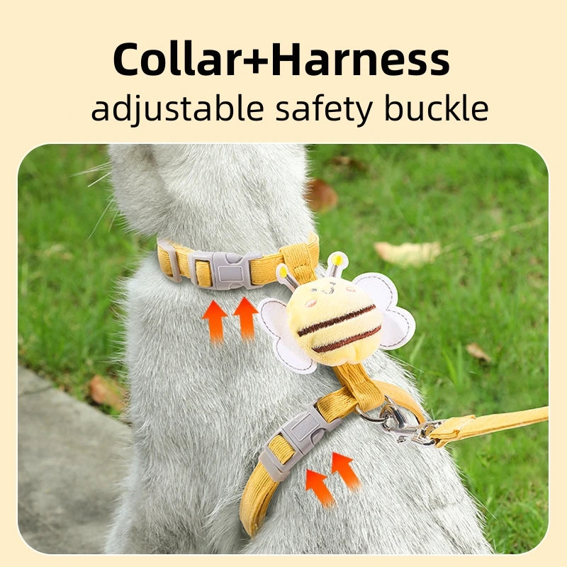 Adorable Cartoon Bee Cat Harness  Leash Set Adjustable Pet Collar For Safe Outdoor Walking 1