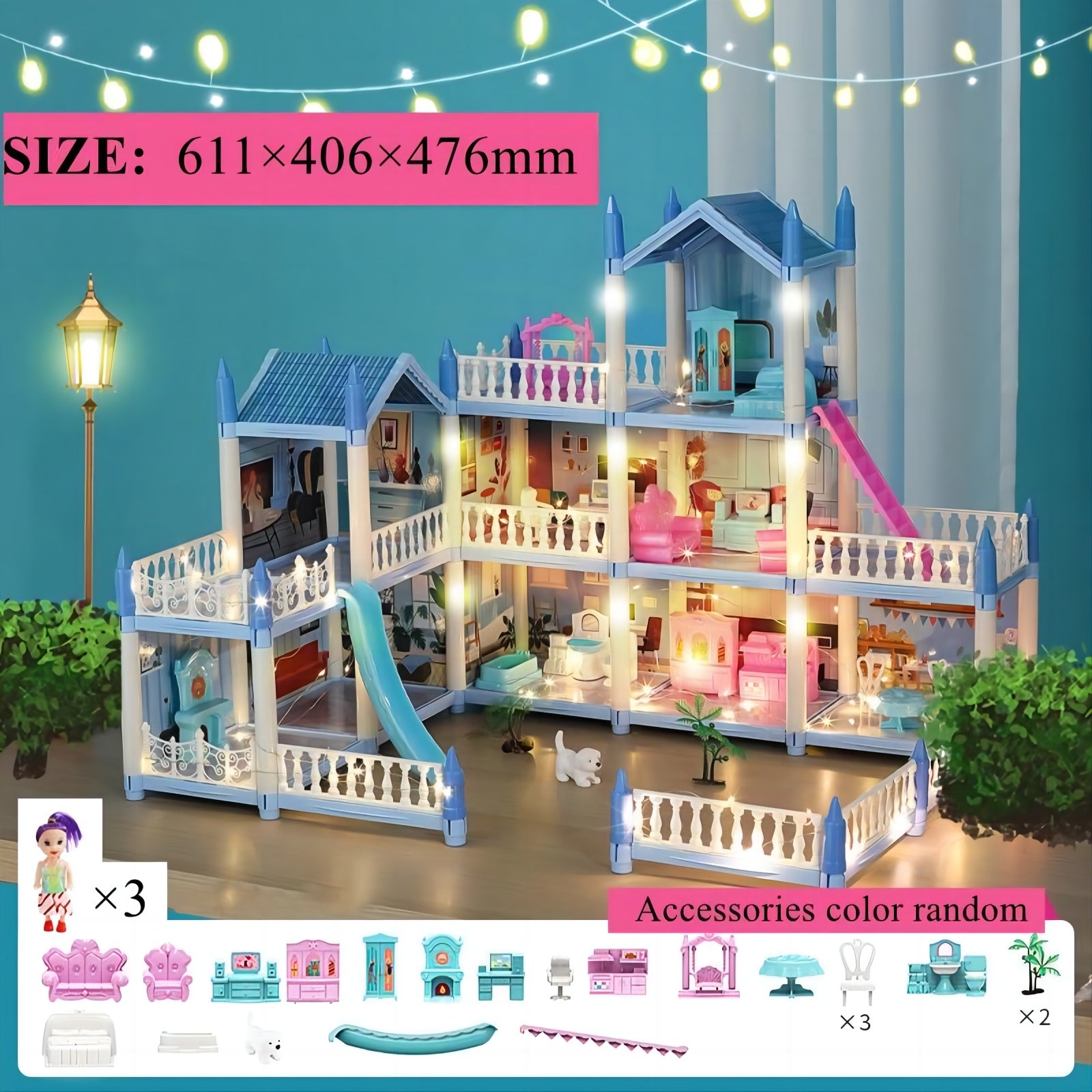 Children's Music Doll House Assembly Villa, 3D DIY Dream Princess Castle Set for Girls