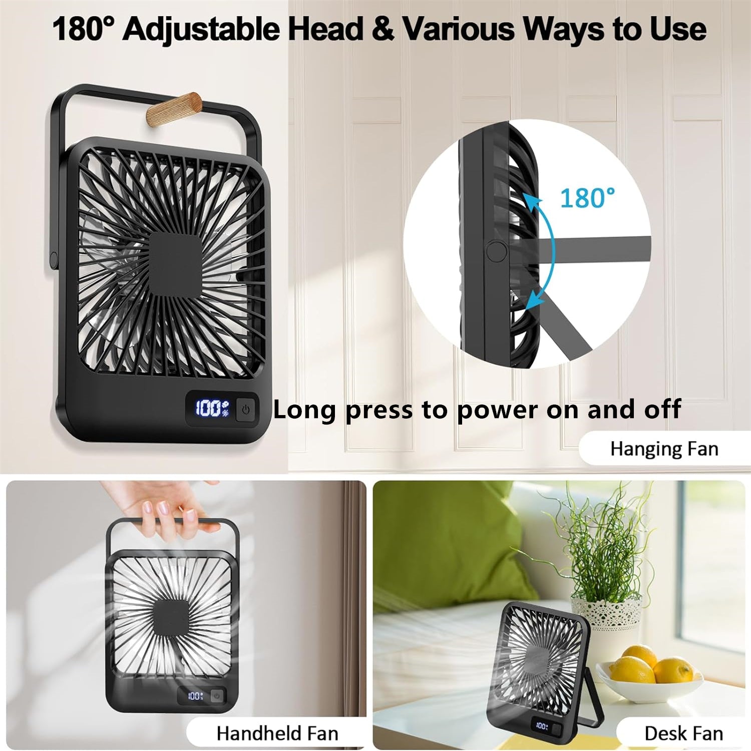 Portable USB Desk Fan Rechargeable 5 Speed Personal Fan With Digital Display Compact  Quiet Cooling 3