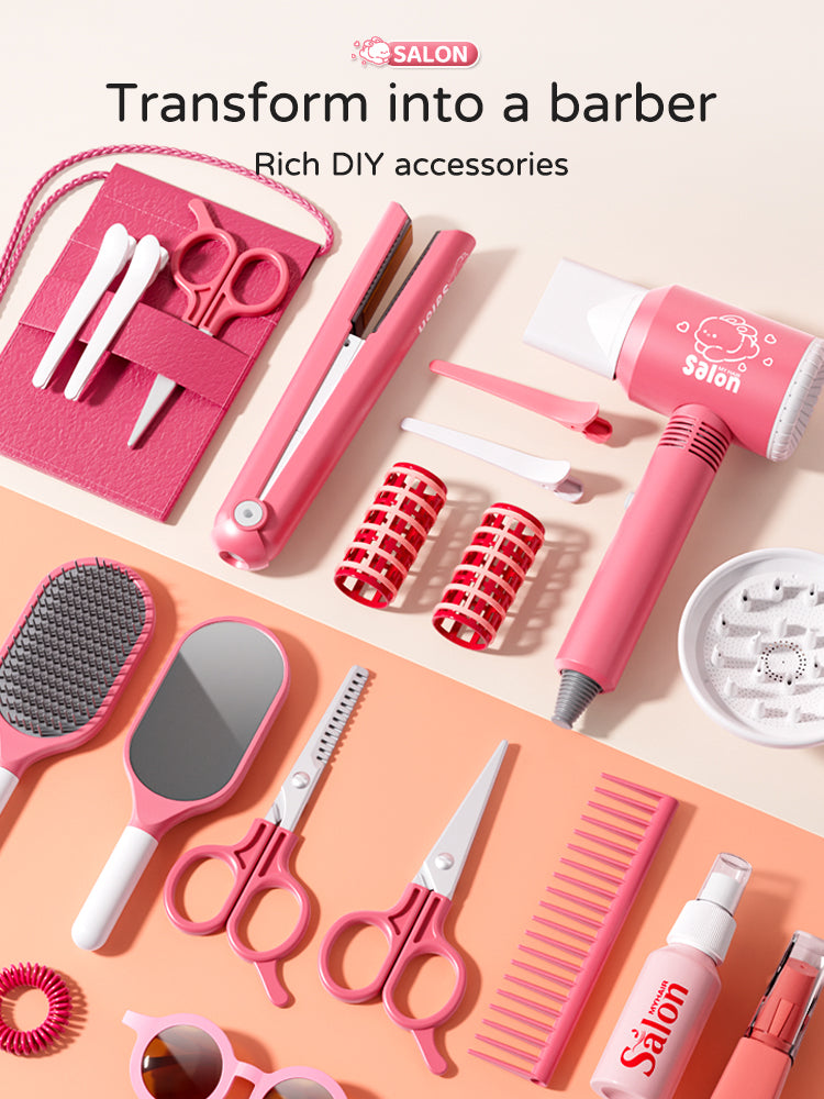 Kids Haircut Kit Set with Hair Dryer, Scissors, and Pretend Play Accessories, Educational Toy for Girls Birthday Gifts