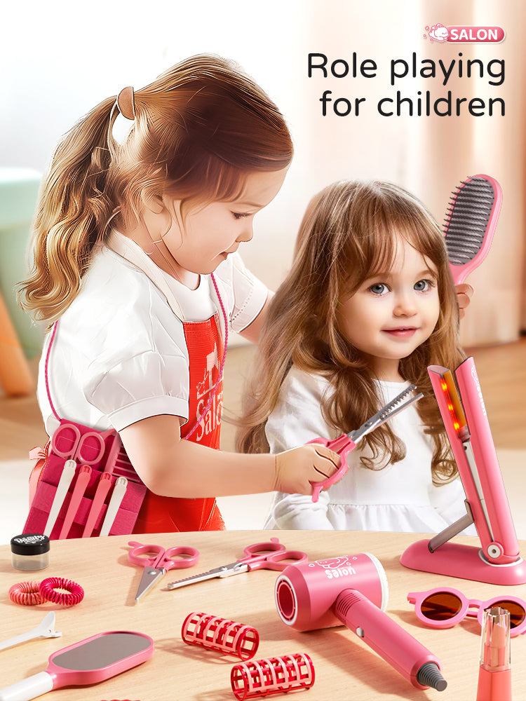 Kids Haircut Kit Set with Hair Dryer, Scissors, and Pretend Play Accessories, Educational Toy for Girls Birthday Gifts