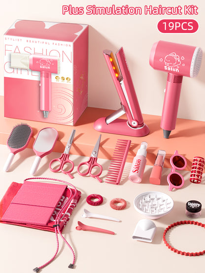 Kids Haircut Kit Set with Hair Dryer, Scissors, and Pretend Play Accessories, Educational Toy for Girls Birthday Gifts