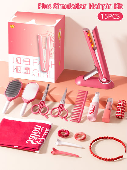 Kids Haircut Kit Set with Hair Dryer, Scissors, and Pretend Play Accessories, Educational Toy for Girls Birthday Gifts