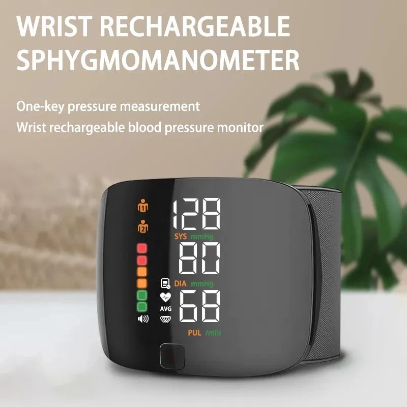 Rechargeable Wrist Blood Pressure Monitor  Accurate Digital Tensiometer With Heart Rate  LED Displa