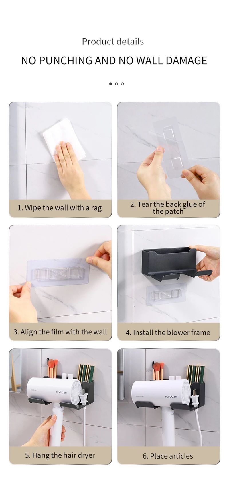 WallMounted Hair Dryer Holder  Straightener Organizer NoDrill Bathroom Storage Shelf 2