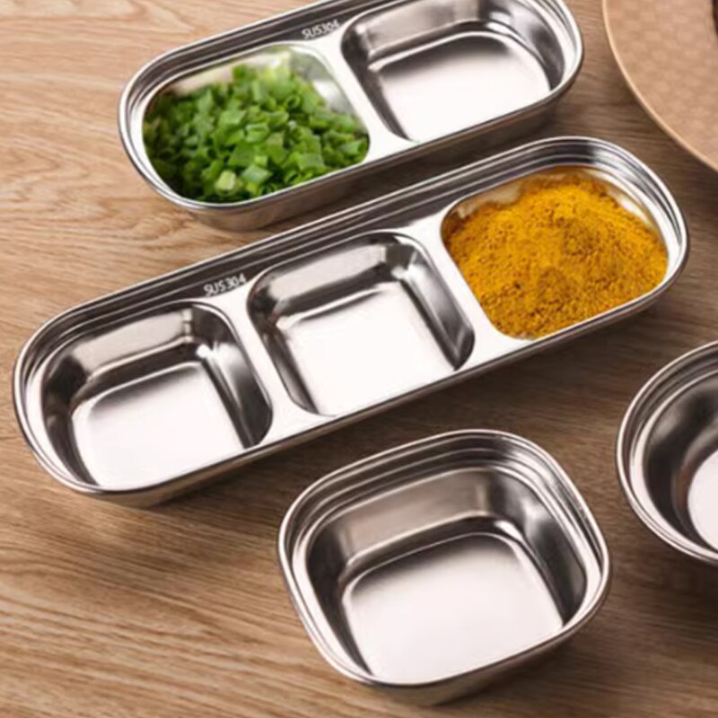 Stainless Steel Divided Dip Bowls Multi Compartment Condiment Tray For BBQ Ketchup Vinegar  Spices  4