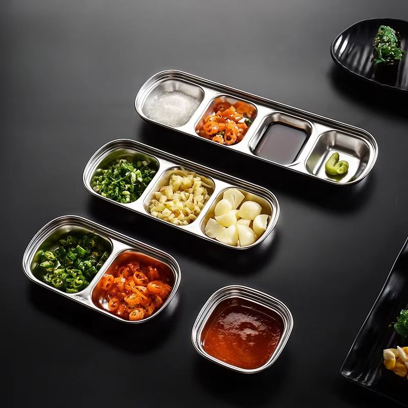 Stainless Steel Divided Dip Bowls Multi Compartment Condiment Tray for BBQ, Ketchup, Vinegar & Spices, Sauce Plates