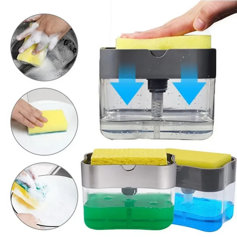 Kitchen Sponge Dispenser Manual Soap Pump & Automatic Soap Dispenser Bottle for Dishwashing