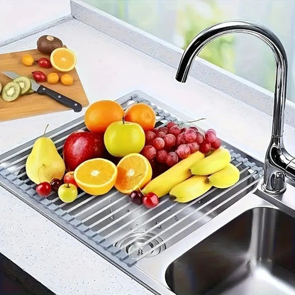 Foldable Silicone Drying Rack for Sink, Stainless Steel Fruit & Vegetable Drainer, Sponge Holder, Kitchen Tools