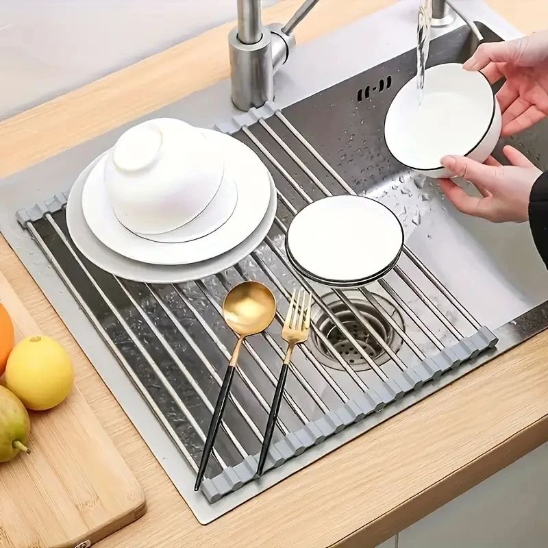 Foldable Silicone Drying Rack For Sink Stainless Steel Fruit  Vegetable Drainer Sponge Holder Kitch 1