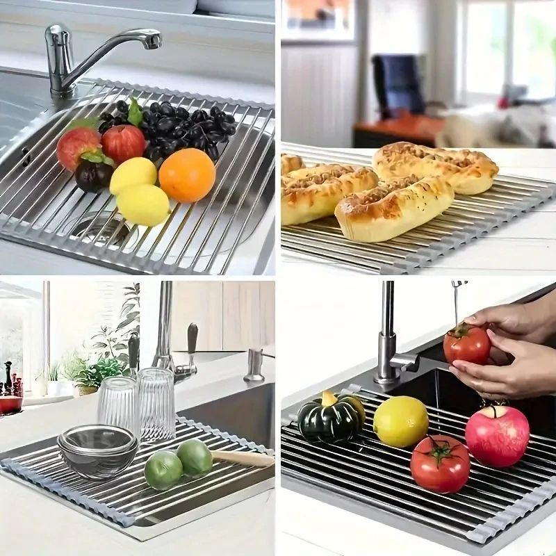 Foldable Silicone Drying Rack For Sink Stainless Steel Fruit  Vegetable Drainer Sponge Holder Kitch 4