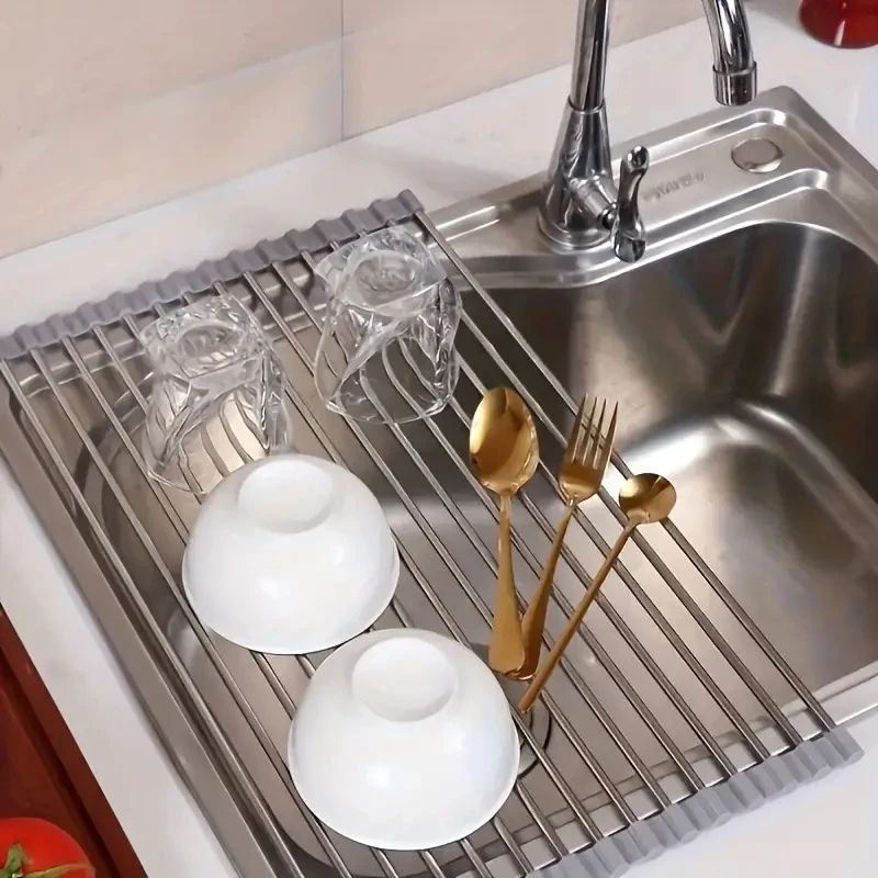 Foldable Silicone Drying Rack For Sink Stainless Steel Fruit  Vegetable Drainer Sponge Holder Kitch 2