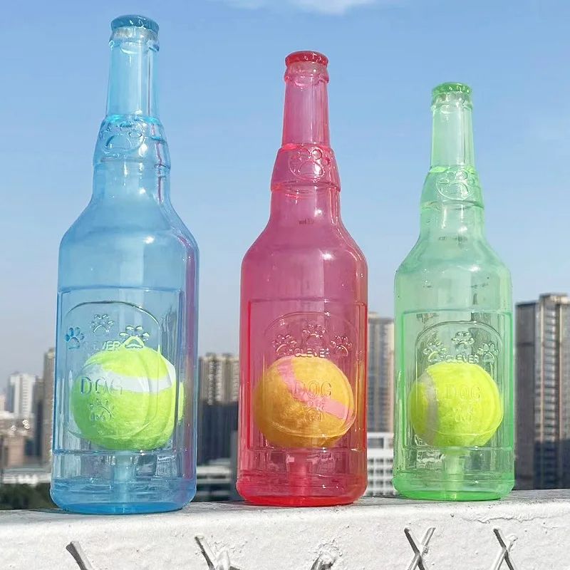 Durable TPR Chew Toy For Dogs  BiteResistant Beer Bottle With Squeaky Tennis Ball  Interactive Teet 4
