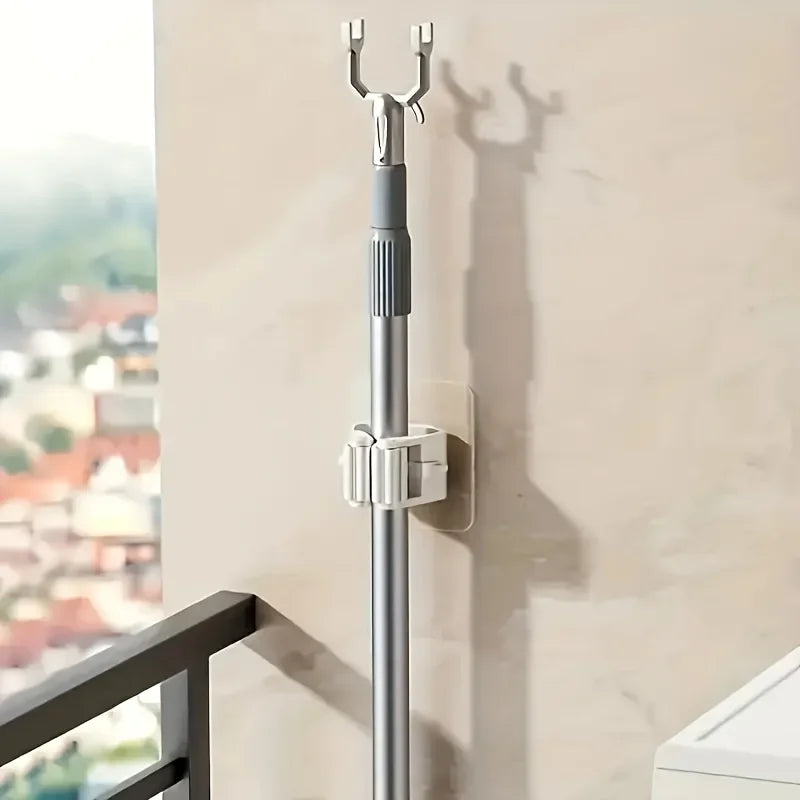 Mop Holder Wall Mount, Self-Adhesive Broom Stand, Space-Saving Brush & Umbrella Hook Organizer for Bathroom, Kitchen