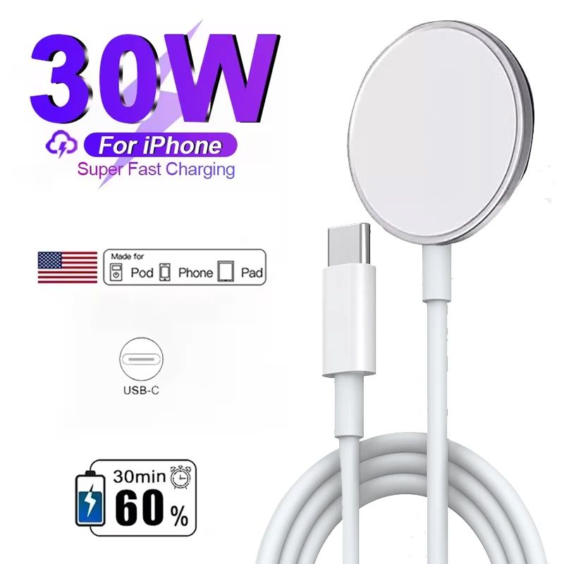 30W MagSafe Magnetic Wireless Charger for iPhone 16/15/14/13/12/11/X/XR/XS/8/7 Fast Type-C Charging Cable