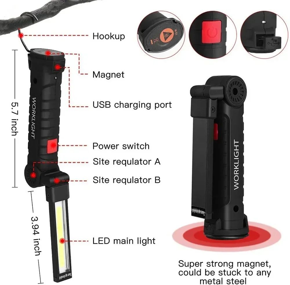 Rechargeable LED Work Light  Dimmable Inspection Torch With Magnetic Base  18650 Battery 0